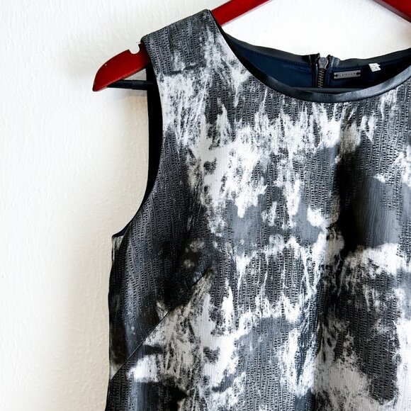 ELIE TAHARI Lamb Leather Trimmed Silver and Black Abstract Sheath Dress SZ 4 - Picture 6 of 9